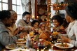 © Dina - multigenerational black african american  family including grandchildren, parents  and grandparents enjoying a meal together at  table in living on thanksgiving or Christmas
