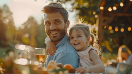 A handsome young father holds his little daughter on his lap at a dinner party outdoors with food and drinks. A happy family having a picnic.