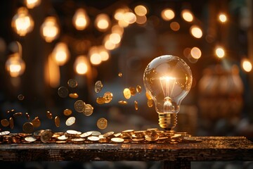 Wall Mural - A light bulb glowing on a stack of currency