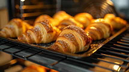Wall Mural - A tray of freshly baked golden brown Croissants in the oven, close up