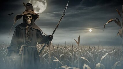 Wall Mural - evil scarecrow in cornfield with full moon 4k features an a.i. generated video of a scarecrow creatu