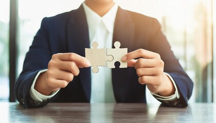 Wall Mural - Closeup of hands connecting two puzzle pieces together on office background