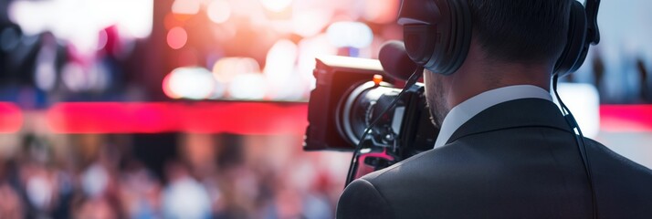 This image shows a cameraman from behind focusing his camera on a live event with stage lights, hinting at media and entertainment