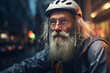 © pangamedia - A beautiful elderly of South-African hipster man riding his bicycle to work, a frontside portrait of a guy commuting on a bicycle on a rainy day in an urban street at midnight