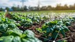 © AI Farm - Futuristic smart farming technology in field with young plants, concept of precision agriculture using sensors and IoT in modern farming.