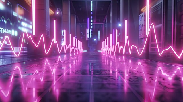 Futuristic neon-lit pathway with glowing pink waveforms, creating a cyberpunk aesthetic and vibrant atmosphere in an urban setting.