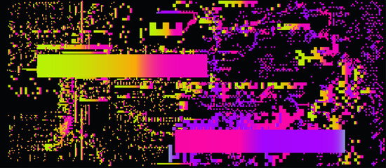 Aufkleber - Dark background with distorted pattern of decaying neon pixels. Vector illustration in 8-bit glitch art style.
