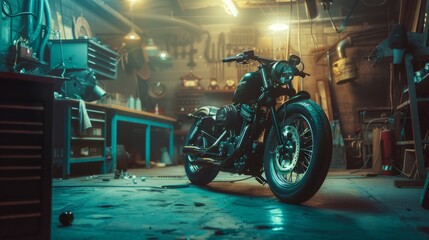 Standing in a garage under warm lamplight is a custom Bobber Motorbike in an authentic creative workshop.