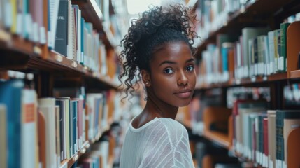 Canvas Print - Photo of an attractive gifted black girl in a university library searching for the right book to complete a class assignment. Focused, smart students studying for exams among rows of bookshelves.