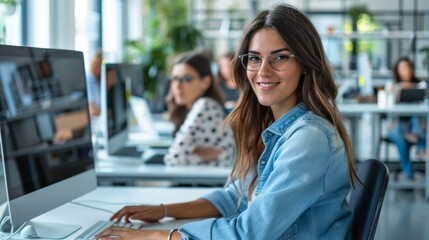 The image depicts an anonymous creative young woman sitting at her desk using a computer mouse and keyboard. In the background is a bright office with a diverse team of young professionals in the