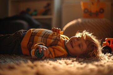 A child lying on their back, rolling a toy steamroller over their belly with giggles of delight