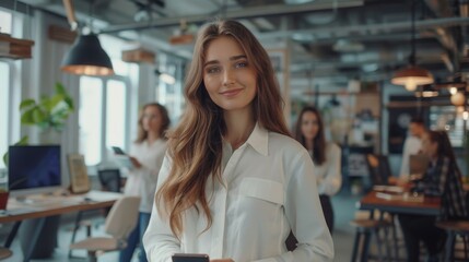 Canvas Print - While standing in the busy creative office with Stylish Talented People, a charming young woman uses her smartphone and smiles beautifully on camera.