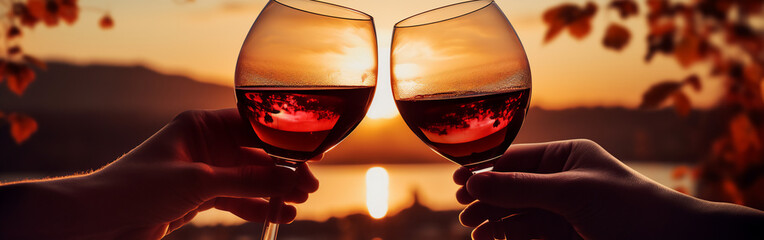 Wall Mural - Two female hands toasting or clinking with red wine glasses on a nature and eccentric background