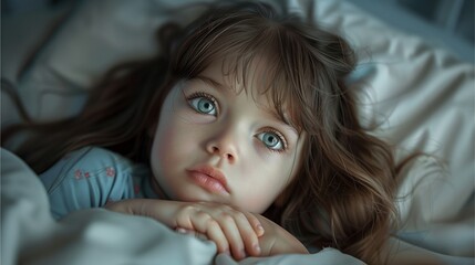 Wall Mural - Portrait of a sweet little girl sleeping peacefully on a bed, radiating beauty and innocence with her gentle smile and closed eyes, capturing the essence of childhood dreams and tranquility