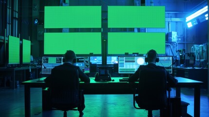 Wall Mural - The modern monitoring office has two digital computers displaying a mock up chromakey in a green backdrop. The control room has specialists and managers seated at desks in front of computers.