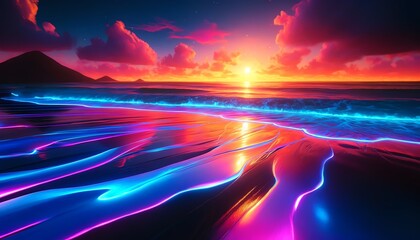 Wall Mural -  A fluorescent beach at sunset with wet sand