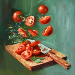 Wall Mural - A painting of a cutting board with a knife and tomatoes on it