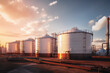 © pangamedia - Close up of oil and gas terminal storage tanks of industrial plant or industrial refinery factor with a clear sky at sunset; in a forest environment the future of energy