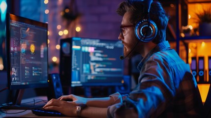 An office worker wearing headphones uses a desktop computer while listening to music and podcasts. An IT programmer using headphones while working a desktop computer. Male website developer, software