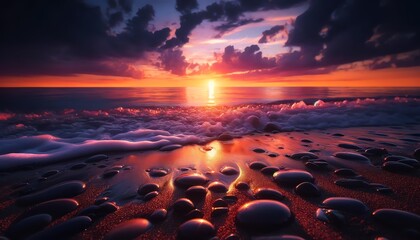 Wall Mural -  A Pebble Beach at sunset with wet sand