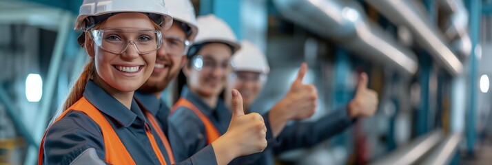 a group of happy industrial workers in hard hats and reflective vests giving thumbs up in a manufact