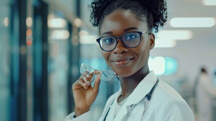 Wall Mural - Medical Hospital Medium Portrait: African American Female Medical Doctor takes off glasses smiles sincerely at camera and takes off lab coat. Successful Healthcare Physician in White Lab Coat Ready