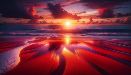 Wall Mural - A Red Sand Beach at sunset with wet sand