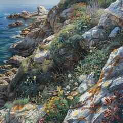 Wall Mural - A painting of a rocky shoreline with a variety of plants and flowers