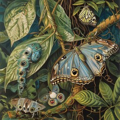 Sticker - A painting of a caterpillar, a butterfly, and a moth