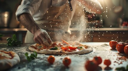 Professional Chef Making Pizza at Sunny Pizzeria, Spinning and Tossing Dough. Authentic Sunny Pizzeria, Cooking Delicious Organic Food.