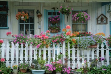 Wall Mural - A chic white A chic white picket fence enclosing a balcony garden filled enclosing a balcony garden filled with colorful flowers, herbs, and succulents, evoking a charming and picturesque cottage vibe