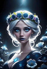 Wall Mural - A beautiful girl with big blue eyes, a wreath of spring flowers shines in the moonlight.