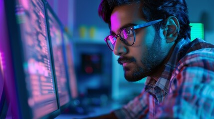 This handsome Indian software developer works in a technological laboratory environment. He drafts research ideas for an AI development blockchain at his desk.