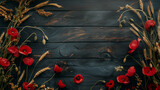 Fototapeta  - Wooden background with poppies and wheat with space for text.