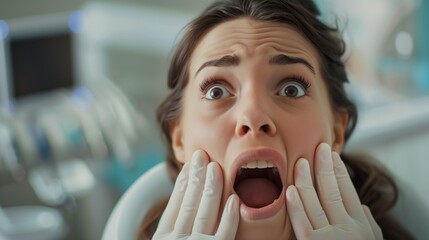 A person experiencing fear and anxiety at the dentists office, showing apprehension and nervousness about dental procedures and the tooth doctors tools and equipment.