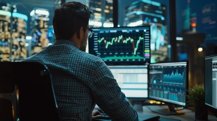 Wall Mural - A stock market trader looks over their left shoulder while working on a computer with a mock-up green screen to the left and a second display displaying a number ticker and graphs to the right.