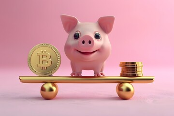 Canvas Print - A piggy bank on a golden scale with a coin