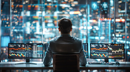 Poster - a futuristic finance analyst at their workstation surrounded by multiple digital screens displaying real-time global stock exchanges