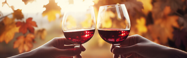 Wall Mural - Two female hands toasting or clinking with red wine glasses on a autumn and minimalist background