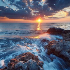 Wall Mural - The ocean is calm and the sun is setting, creating a beautiful