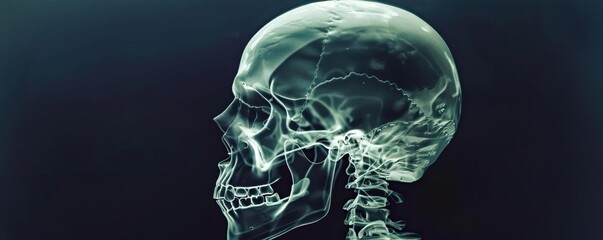 Wall Mural - A comprehensive Xray of a human skull, highlighting intricate cranial details on a dark background, emphasizing the skeletal anatomy