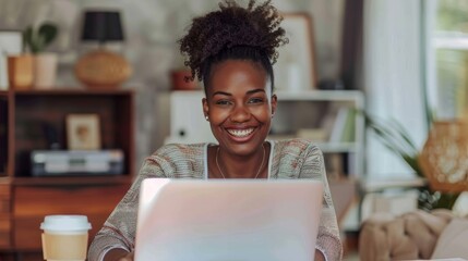 Sticker - Smiling Woman with Laptop at Home