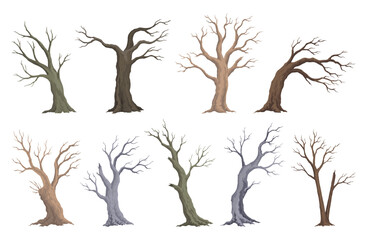 Old dead tree set. Hand draw leafless trunks. Winter or autumn season plants icons, dry naked branch silhouette. Nature ecology problems concept. Isolated vector illustration