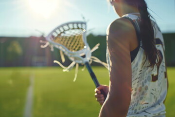 Female lacrosse athlete stands on the field, lacrosse stick in hand, capturing the essence of sport under the evening sun