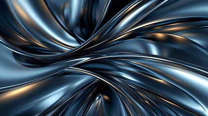 Wall Mural - 3D abstract background, black solid wavy liquid with hints of blue and gold
