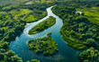 © ELmidoi-AI - A serene aerial view of a meandering river surrounded by lush green trees and vegetation, creating a peaceful and scenic natural landscape.