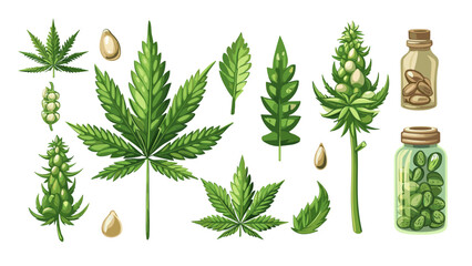 Canvas Print - Cannabis cartoon vector set. Hemp seeds stems leaves shoots smokable marijuana medical plant, illustration isolated on white background