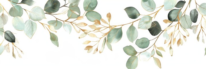 Wall Mural - Watercolor Seamless Border with Green and Gold Leaves and Branches for Nature Inspired Designs Generative AI
