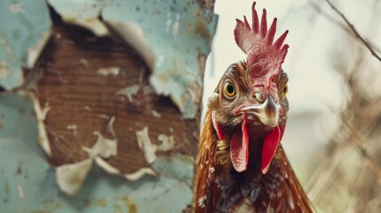 Poster - A close up of a rooster looking through the hole in an old wall, AI