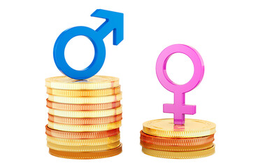 Gender pay gap, concept. Blue male gender symbol and pink female gender sign on stacks of coins, 3D rendering isolated on transparent background